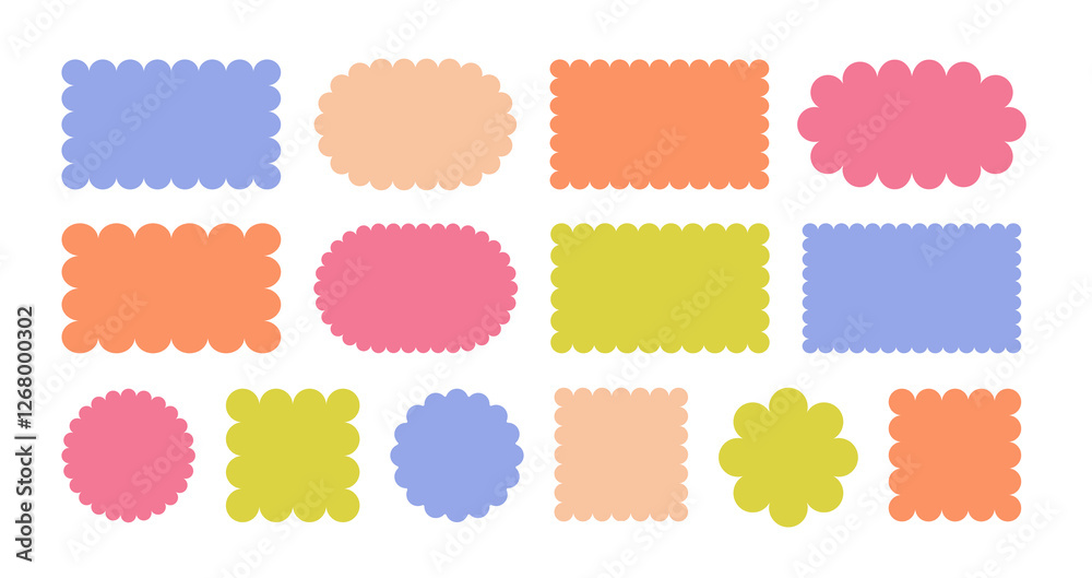 Set or colorful rectangular, oval, circle shapes with squiggly borders. Tags, labels, stamps, crackers, coupons. Rectangle boxes with curved, wavy edges isolated on a white background. Vector