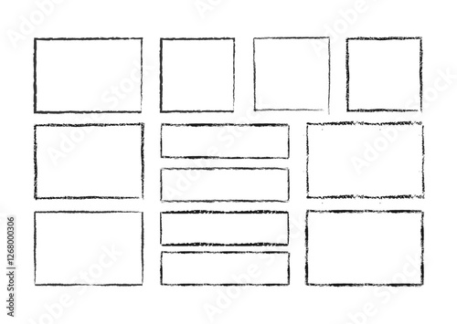 Set of grunge square and rectangle frames. Black ink empty boxes and rectangle borders collection. Vector illustration isolated on a white background.