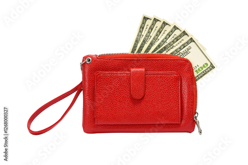 Hundred Dollar Bills Sticking Out of Red Purse White Background