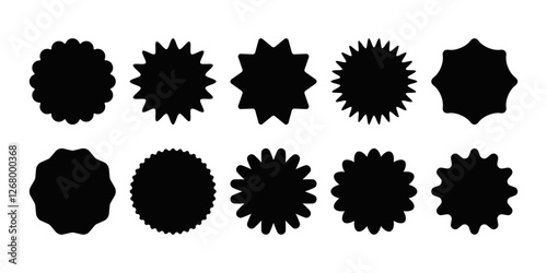 Set of circular stickers with zigzag and wavy edges.  jagged geometric shapes for frames, stamps, templates, promotions, web design, and social media. Blank sale stickers. Vector illustration.