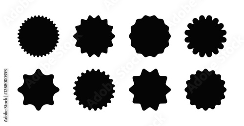 Set of circular stickers with zigzag and wavy edges.  jagged geometric shapes for frames, stamps, templates, promotions, web design, and social media. Blank sale stickers. Vector illustration.