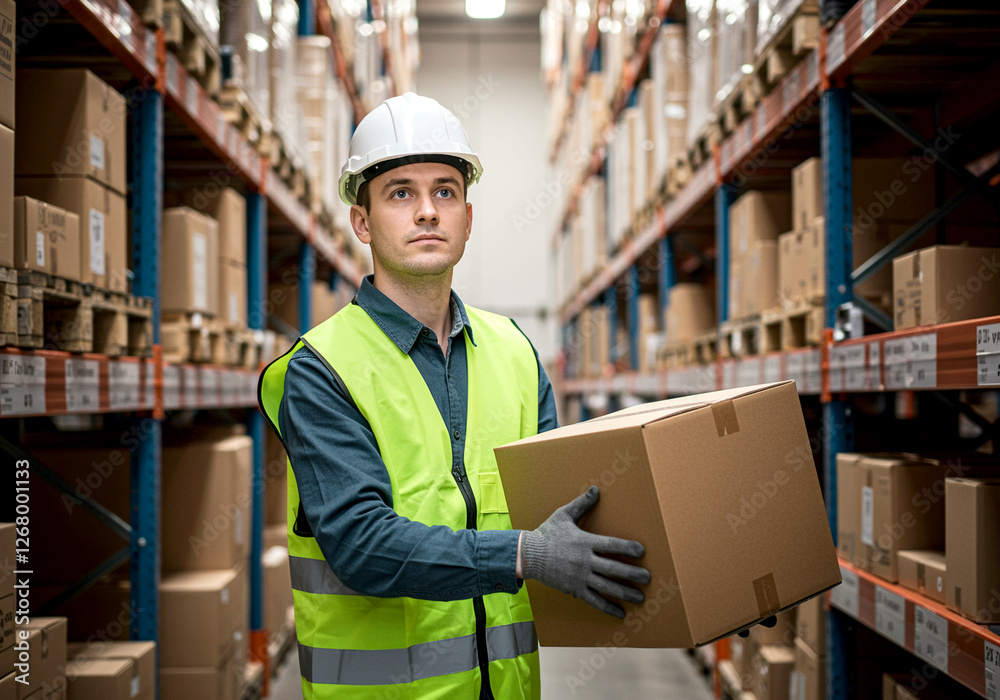 Worker in warehouse carrying box wearing hard hat and safety vest. Warehouse worker holding cardboard box in warehouse with shelves full of packages Worker in warehouse carrying box wearing hard hat and safety vest. Warehouse worker holding cardboard box in warehouse with shelves full of packages