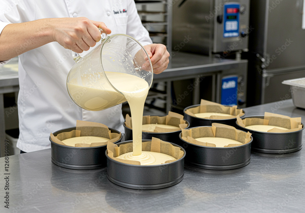 Cake batter pouring into cake pans. Baker pouring cake batter into baking pans. Cake batter baking cake Cake batter pouring into cake pans. Baker pouring cake batter into baking pans. Cake batter baking cake