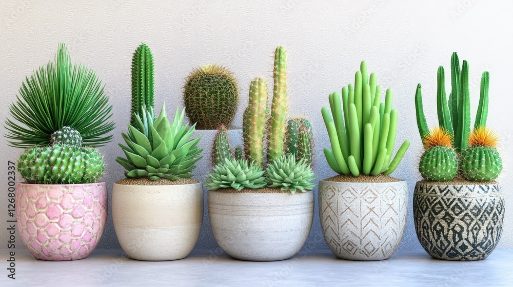 Five potted succulents and cacti in various decorative pots. Five potted succulents and cacti in various decorative pots.