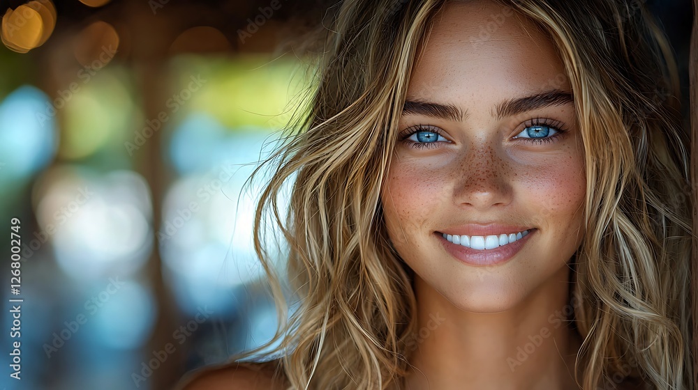 Obraz premium Smiling woman, beach bokeh, summer portrait, tropical backdrop, beauty ad