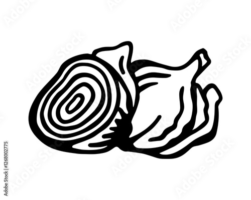 Black and white vector image of onion, next to the whole is placed a cut one. On a white isolated background