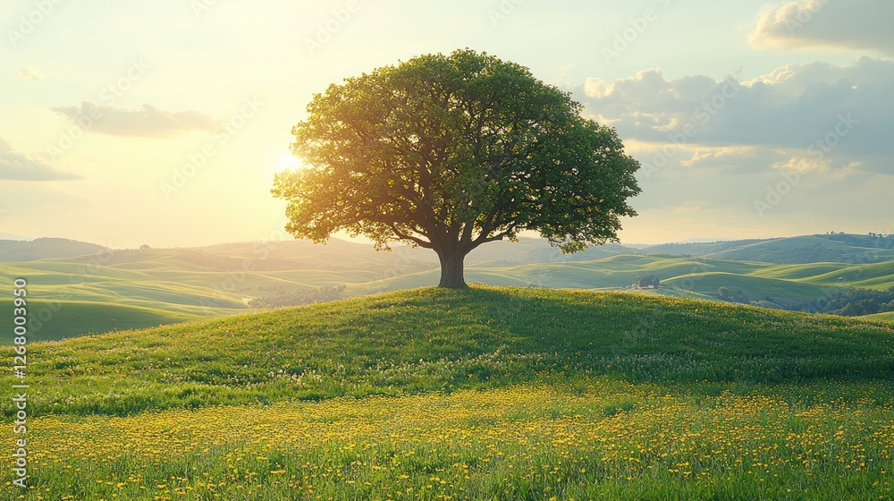 Fototapeta premium Sunlit tree on hilltop meadow at sunset