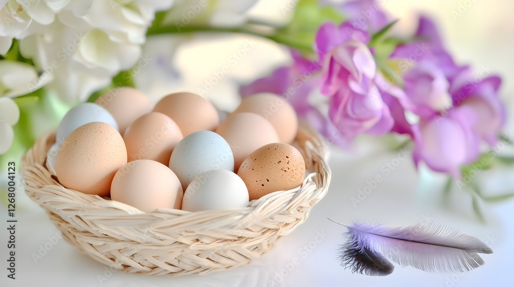 Assorted Eggs in a Basket Surrounded by Fresh Flowers and Feathers Assorted Eggs in a Basket Surrounded by Fresh Flowers and Feathers