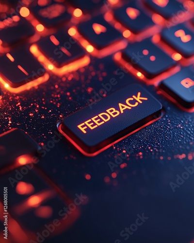 A close-up of a glowing feedback button on a dark keyboard.