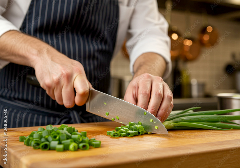 Chef chopping green onions on wooden board. Chef chopping fresh green onions with knife. Chef preparing green onions Chef chopping green onions on wooden board. Chef chopping fresh green onions with knife. Chef preparing green onions