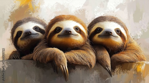 Three sloths relaxing together in a vibrant tropical habitat during daylight hours photo