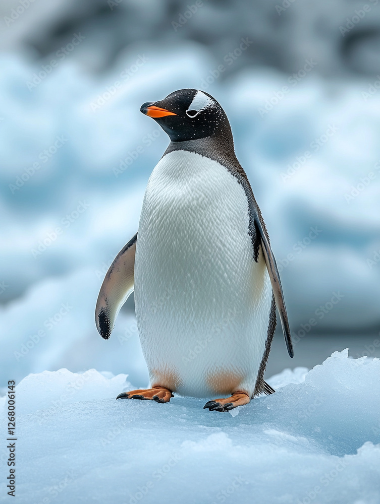 Obraz premium Gentoo penguin standing on ice in a chilly environment