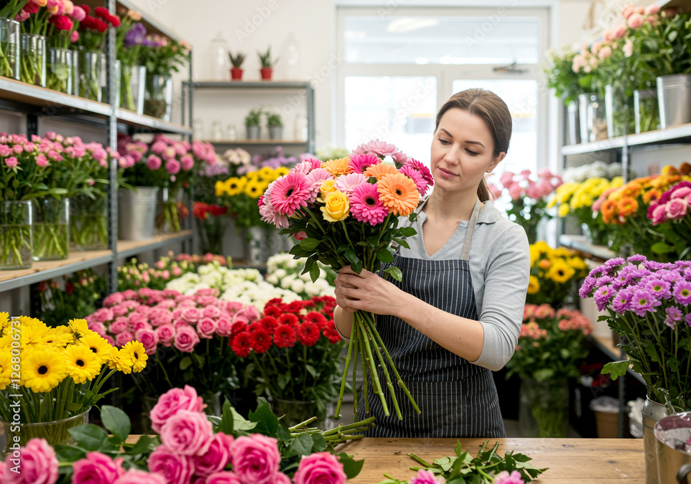 Florist arranging flowers in florist shop with flower arrangement. Woman florist working with flowers in flower shop. Florist in flower shop Florist arranging flowers in florist shop with flower arrangement. Woman florist working with flowers in flower shop. Florist in flower shop