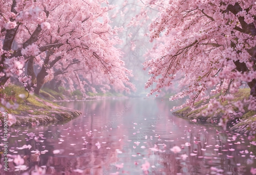 Serene cherry blossom trees reflecting on a tranquil river in a dreamy landscape
