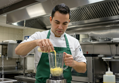 Chef preparing food in blender. Chef is cooking in a commercial kitchen with a blender and pouring ingredients. The chef is wearing a green apron