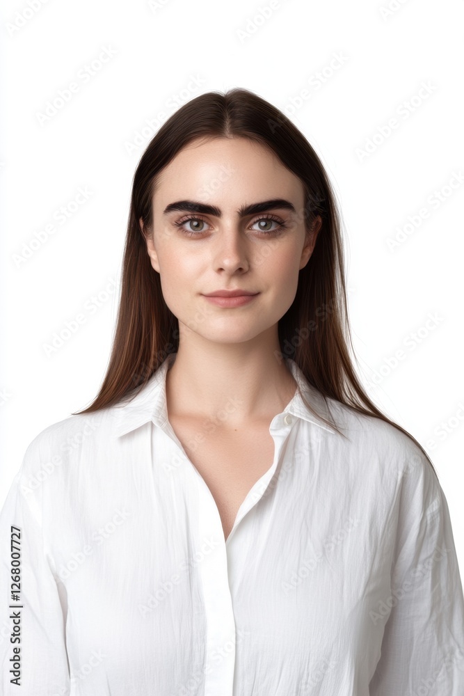 Young woman with long brown hair wearing a white shirt poses against a plain background in a professional headshot setting Young woman with long brown hair wearing a white shirt poses against a plain background in a professional headshot setting