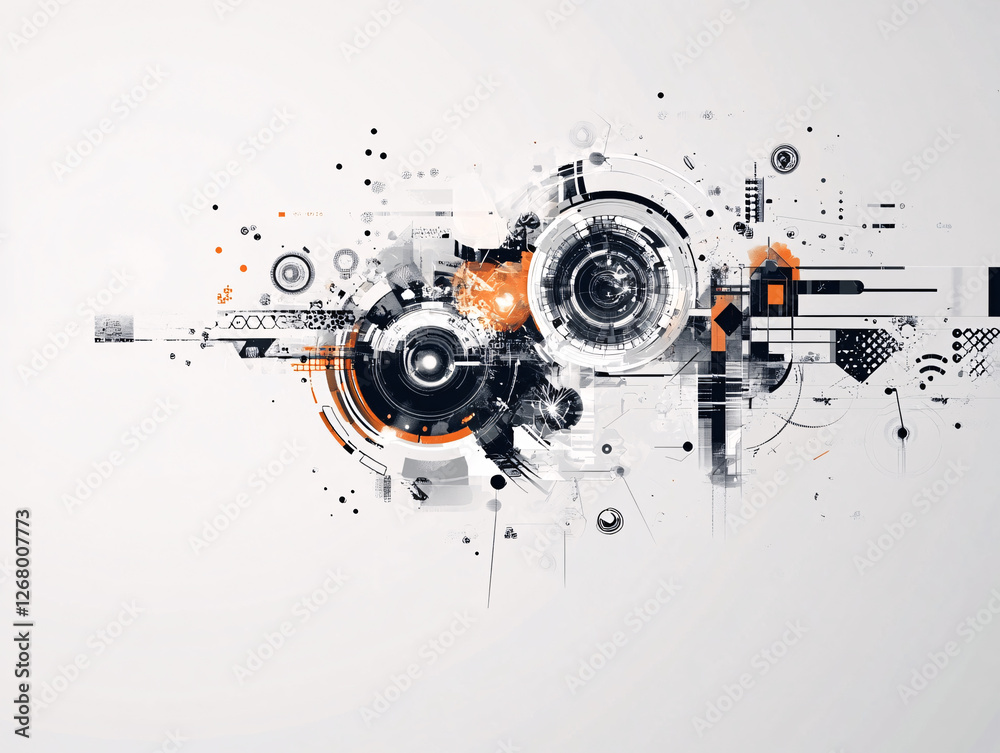 Obraz premium A complex high-tech abstract digital composition with circular and geometric black orange and white elements 