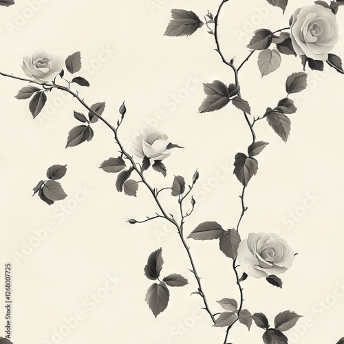 Seamless Pattern - Elegant grayscale roses on a vine