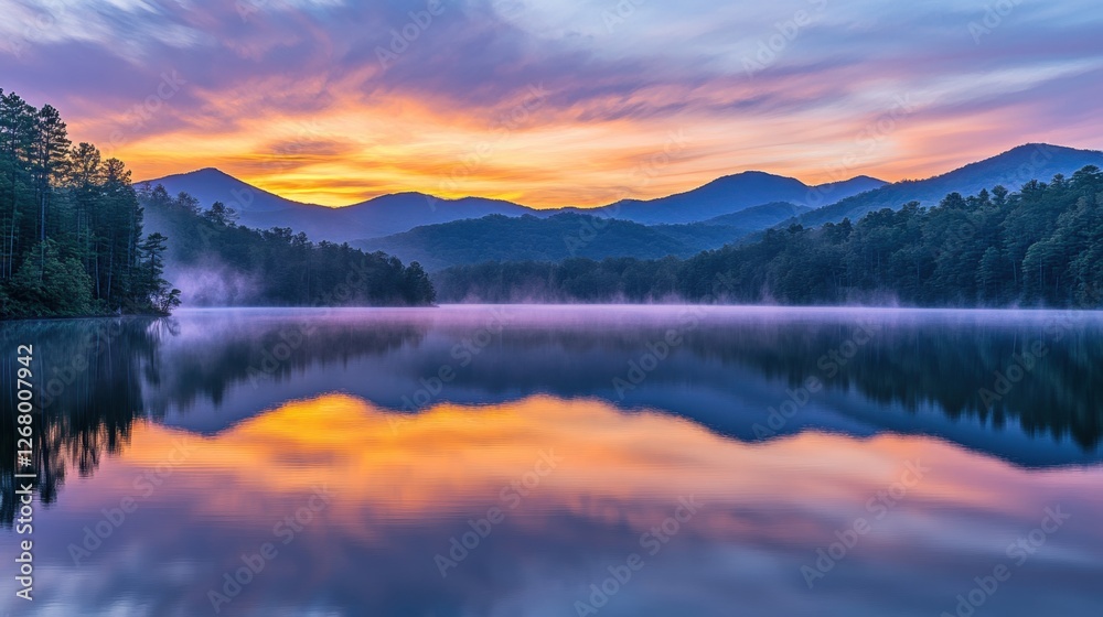 Fototapeta premium A serene mountain range with mist rolling over the peaks during sunrise, vibrant sky reflecting on a calm lake below
