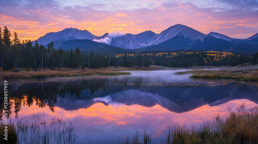 Fototapeta premium A serene mountain range with mist rolling over the peaks during sunrise, vibrant sky reflecting on a calm lake below