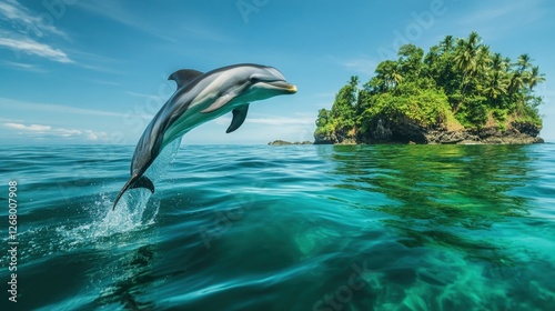 A playful dolphin leaping out of crystal-clear ocean waters, with a tropical island in the background.