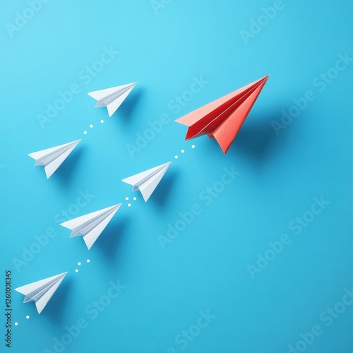 Group of paper planes flying in one direction with one individual diverging for innovative solutions. Generative AI photo