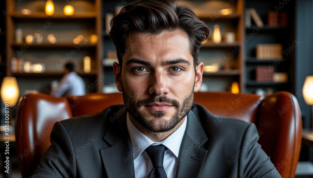 Confident businessman portrait in a formal suit sitting in a cozy office environment Confident businessman portrait in a formal suit sitting in a cozy office environment