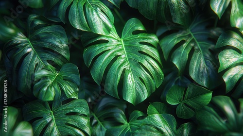 Lush green leaves with unique cutouts create a vibrant, tropical aesthetic.