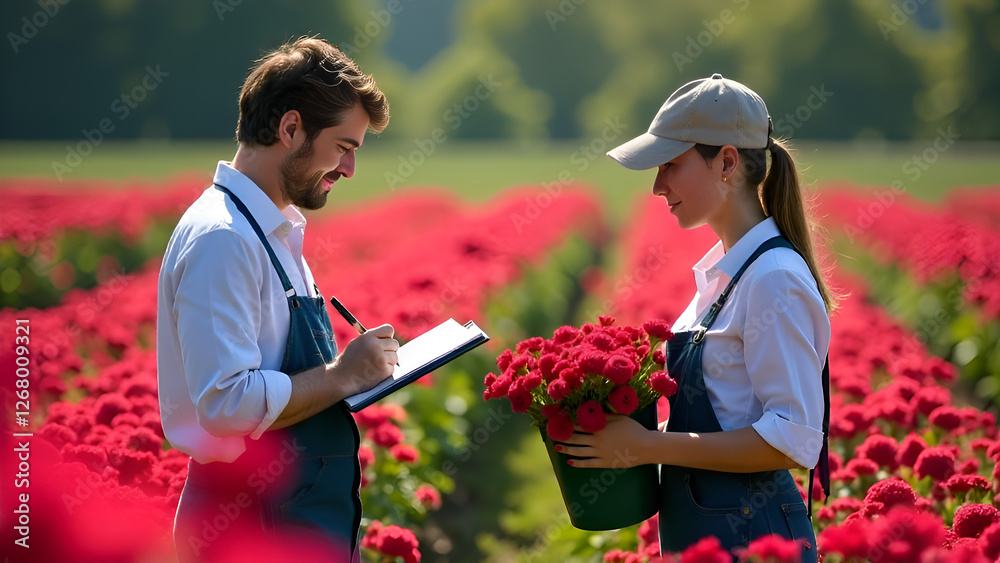 The painting depicts two workers in a flower field of bright maroon flowers. One of them is making notes in a notebook, looking intently at his notes. other worker, with a basket full of red flowers.