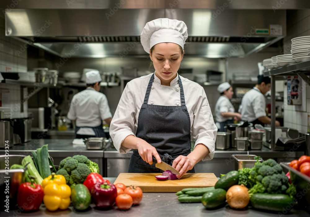 Chef chopping vegetables in commercial kitchen. Professional chef cooking with vegetables and knife. Chef preparing food Chef chopping vegetables in commercial kitchen. Professional chef cooking with vegetables and knife. Chef preparing food