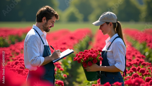Obraz na płótnie The painting depicts two workers in a flower field of bright maroon flowers. One of them is making notes in a notebook, looking intently at his notes. other worker, with a basket full of red flowers. w salonie