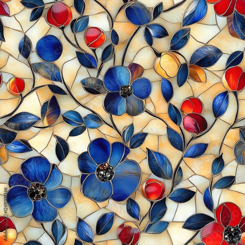 Wallpaper Mural Seamless Pattern - Stained glass floral pattern, blue and red flowers. Torontodigital.ca