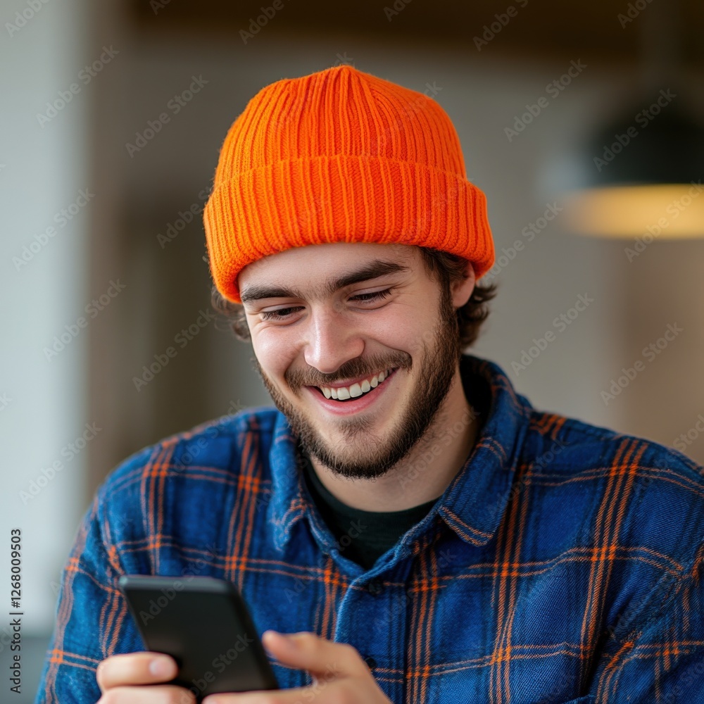 man in orange Beanie looking at phone and smiling. man in orange Beanie looking at phone and smiling.