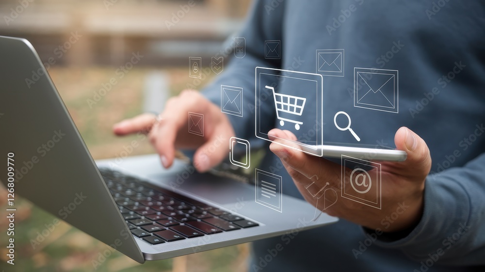 Person utilizes laptop and smartphone for online shopping activities Person utilizes laptop and smartphone for online shopping activities