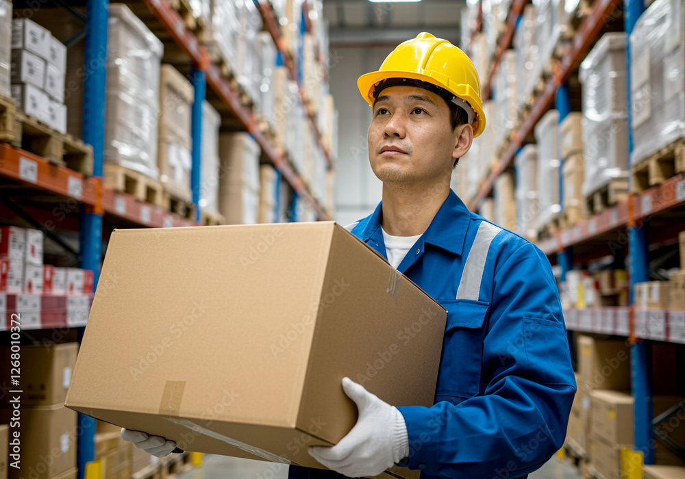 Man warehouse worker carrying box in warehouse. Logistics worker in safety hard hat holding cardboard box in warehouse aisle with shelves full of packages Man warehouse worker carrying box in warehouse. Logistics worker in safety hard hat holding cardboard box in warehouse aisle with shelves full of packages