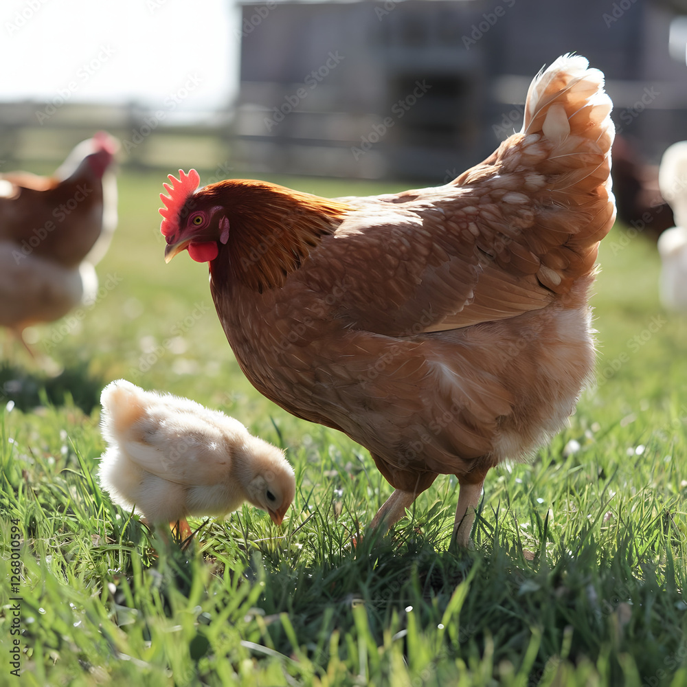 Fototapeta premium Hen and chick foraging on green grass in a sunny backyard setting