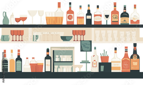 Minimalist Bar Counter Vector Illustration with Bottles and Glassware for Pub Design