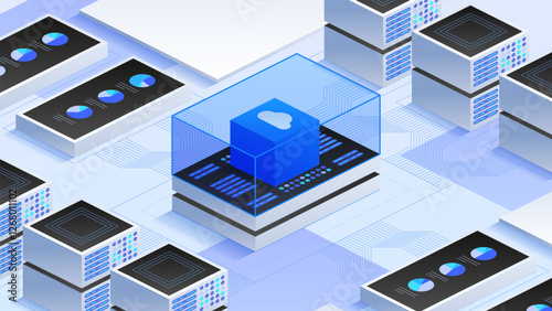 Advanced digital ecosystem featuring cloud solutions, virtualized servers, and connected data systems. Ideal for modern IT, scalable infrastructure, and secure data storage. Vector illustration