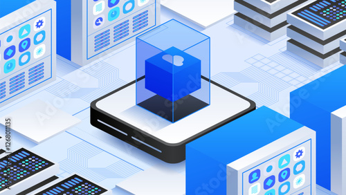 Futuristic cloud technology with integrated servers, data nodes, and virtual networks. Perfect for advanced computing, digital storage, and scalable IT infrastructure systems. Vector illustration