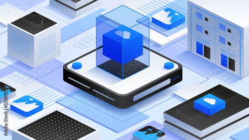 Cloud-based IT systems with interconnected data nodes, virtual storage and advanced digital infrastructure. Perfect for modern cloud computing, data analysis, and secure solutions. Vector illustration