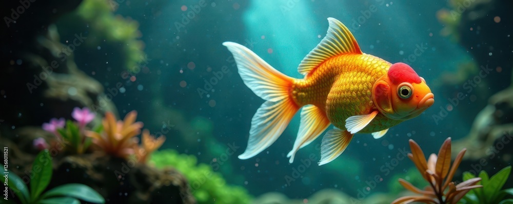 Glittering goldfish swimming in circular aquarium, bowl, water, aquatic life Glittering goldfish swimming in circular aquarium, bowl, water, aquatic life