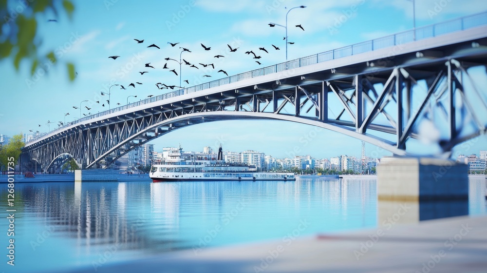 Obraz premium A serene view of a bridge over a calm river with birds flying above.