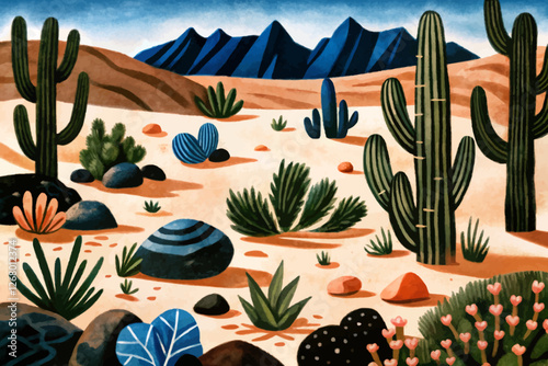hot desert with cactus and stones landscape abstract cartoon illustration