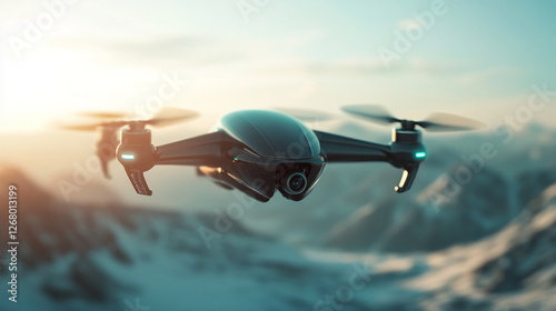 A modern drone flying above the snow-covered mountains with the sun glowing in the background, representing advanced aerial technology, innovation, and exploration. photo