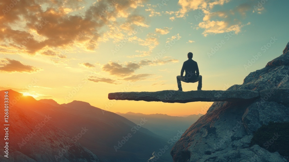 Obraz premium Man Contemplating Sunset from a Precarious Clifftop
