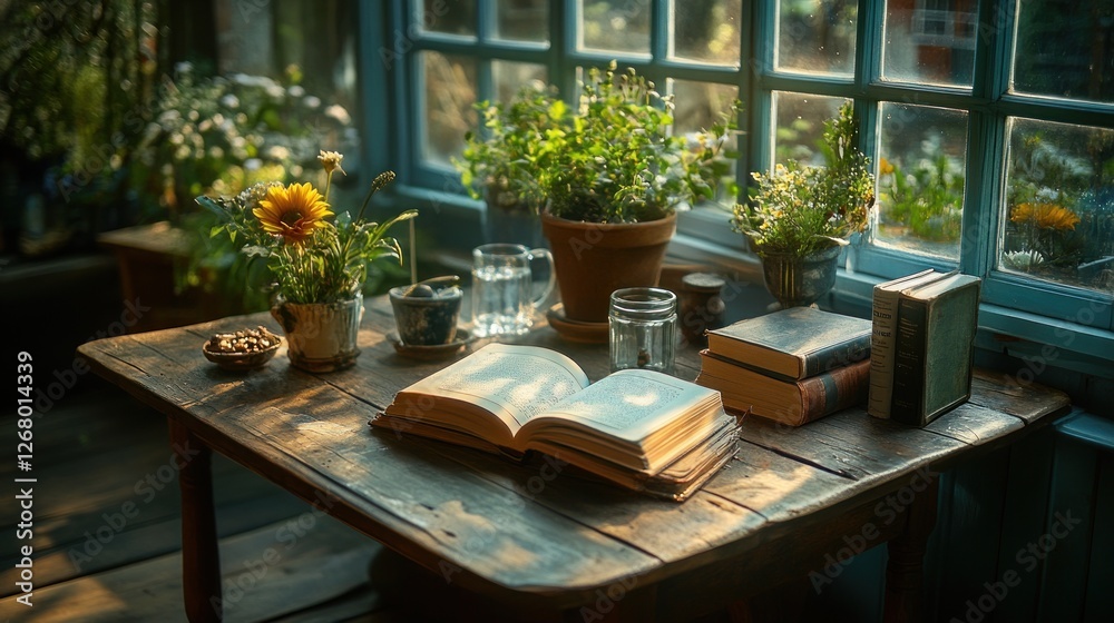 Obraz premium Sunlit Cottage Window Book Reading Plants