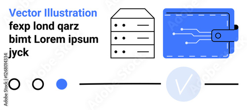Digital wallet alongside a server icon, simulating data security and connectivity. Accompanied by placeholder text. Ideal for fintech, digital security, online transactions, cloud storage, data
