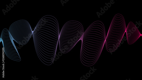 Vector curvy abstract line art wavy flowing dynamic colors black background in concept music or sound, wave, wind, information flow, white	