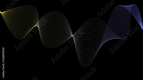 Vector curvy abstract line art wavy flowing dynamic colors black background in concept music or sound, wave, wind, information flow, white	