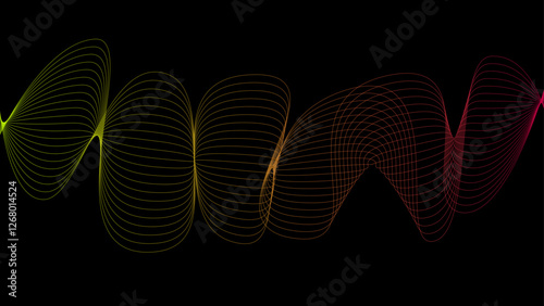 Vector curvy abstract line art wavy flowing dynamic colors black background in concept music or sound, wave, wind, information flow, white	
